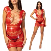 CZERWONA Sukienka seksowna DIAMENCIKI bodystocking siateczka sexy CYRKONIE