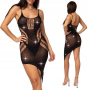 CZARNA Sukienka ASYMETRYCZNA seksowna DIAMENCIKI bodystocking SEXY CYRKONIE