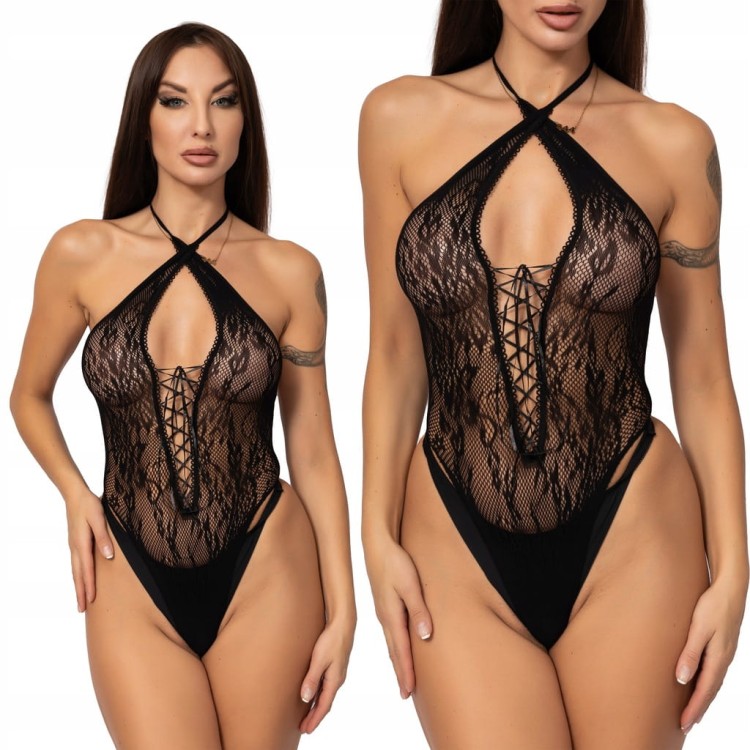 CZARNE BODY wiązane bodystocking KABARETKA sexy