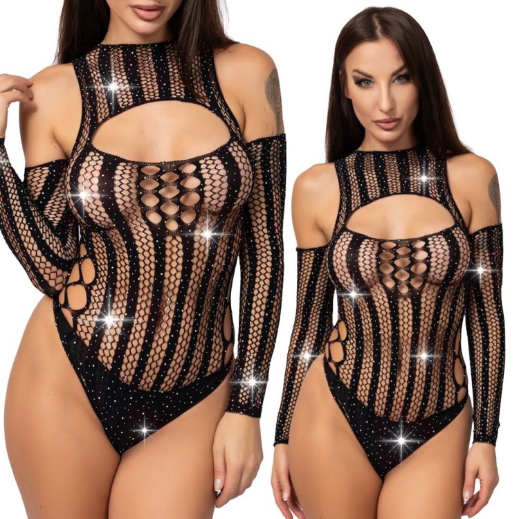 CZARNE BODY seksowne DIAMENCIKI bodystocking KABARETKA sexy CYRKONIE