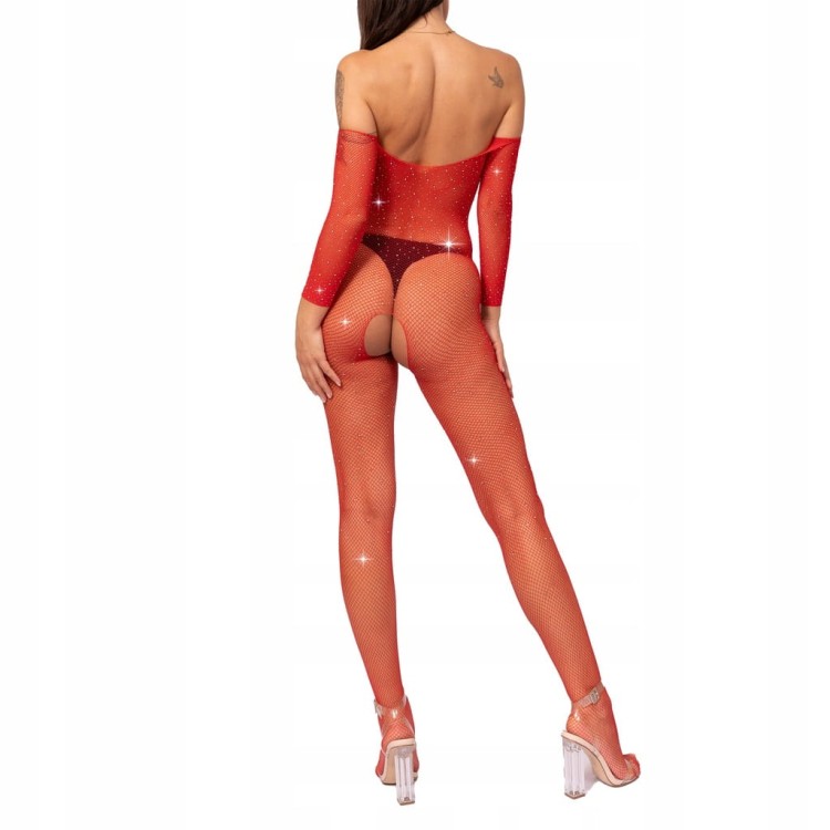 CZERWONY KOMBINEZON bodystocking seksowny KABARETKA sexy OTWARTY KROK