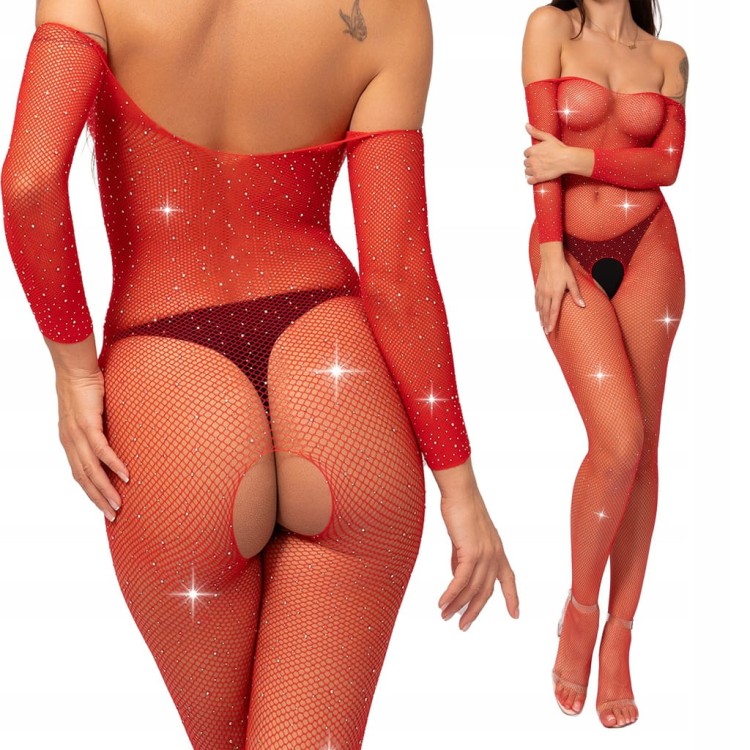 CZERWONY KOMBINEZON bodystocking seksowny KABARETKA sexy OTWARTY KROK